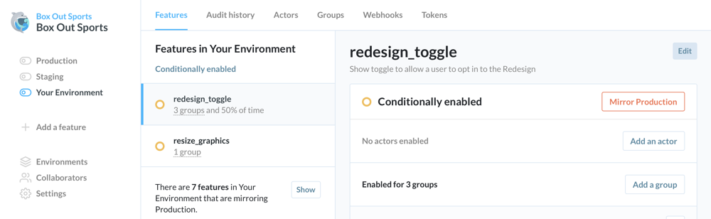 Flipper web interface showing a variety of options for several environments