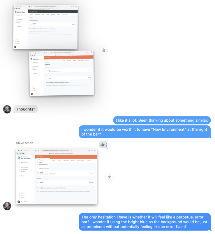 A screenshot of a group message thread that shows screenshots of how different environments can have different color headers. In this example, production is a bright red, but it looks too much like an error. So we agreed to explore toning it down.
