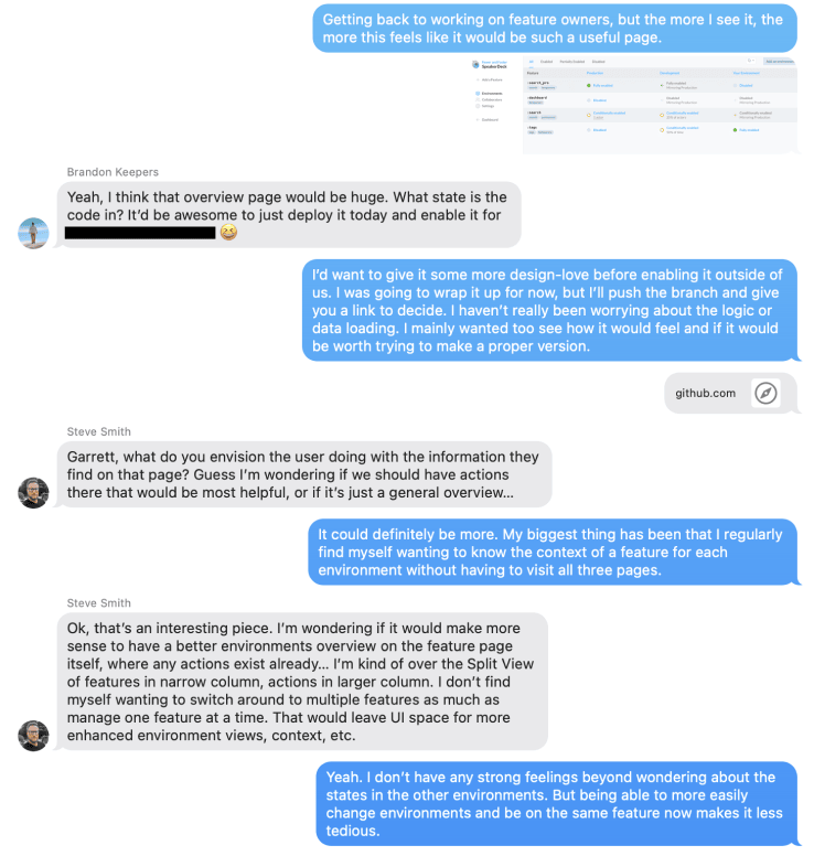 A screenshot of a message thread where Brandon is ready to ship the rough prototype but Steve pushes back so has the context of what we're trying to achieve.