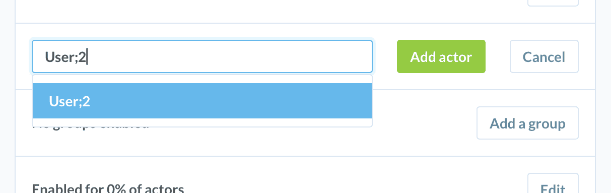 Screenshot of a form with an auto-suggest input field for adding an actor to a feature.