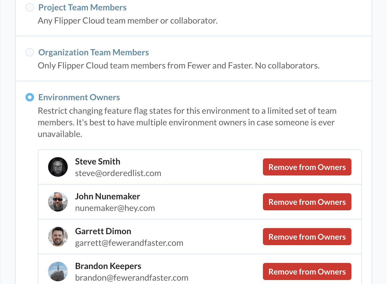 A screenshot of environment settings with radio buttons for three groups: project team members, organization team members, or environment owners.