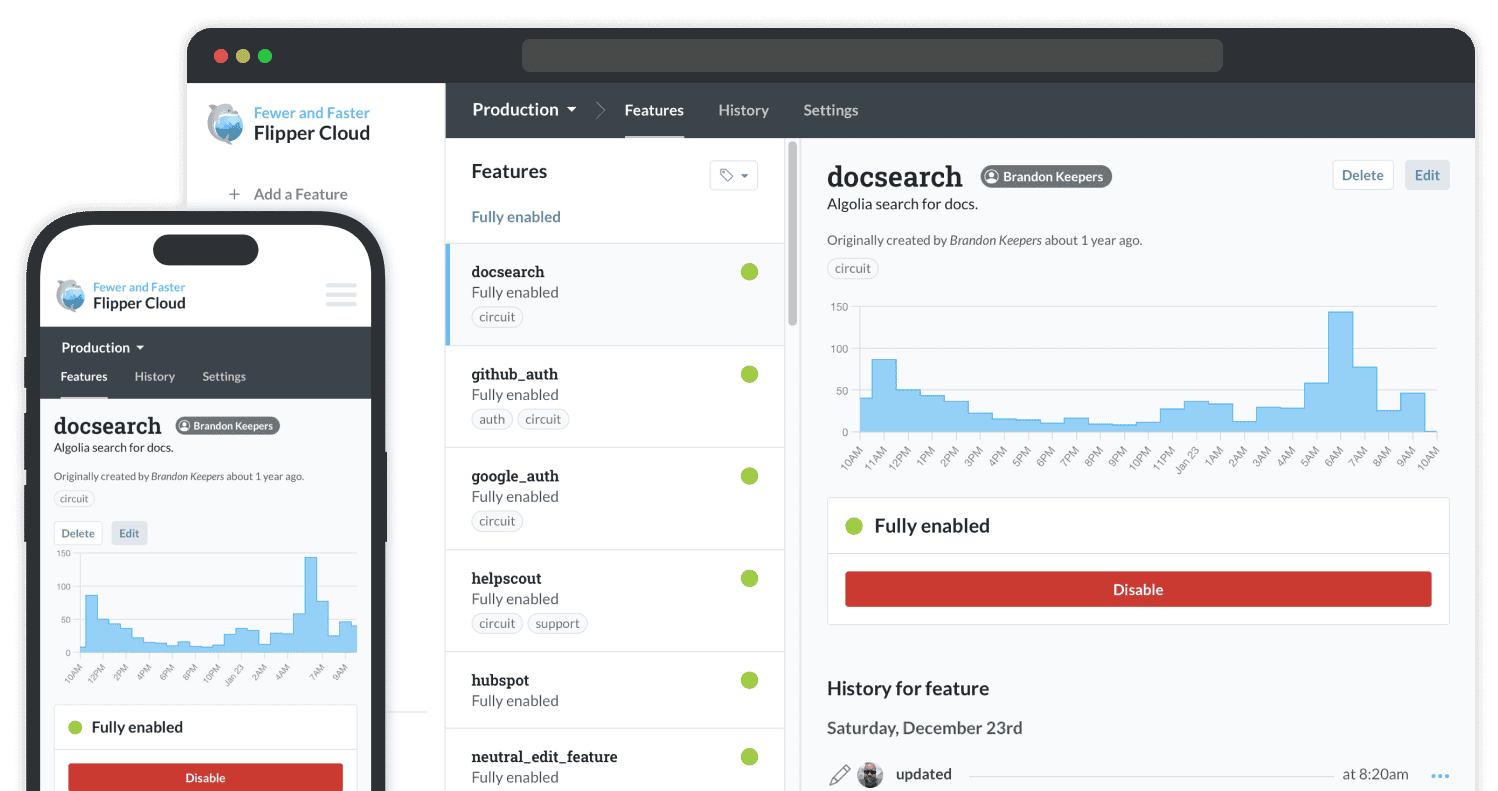Flipper web interface showing a variety of options for several environments