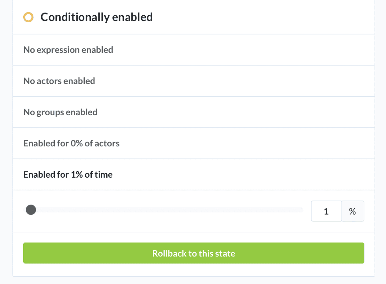 A screenshot of a feature audit history even with a large button labeled 'Rollback to this state'